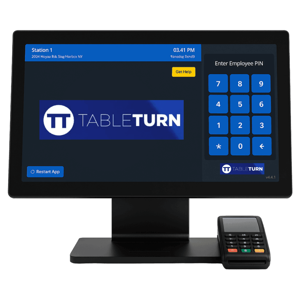 A touchscreen point of sale terminal on a stand next to a handheld payment terminal